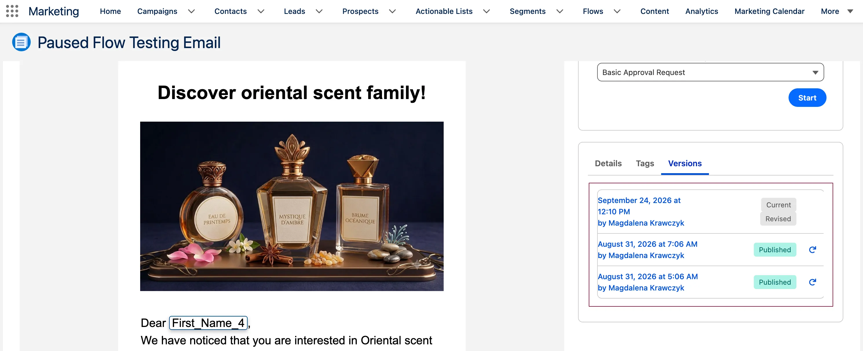 Versions tab on email asset preview in Marketing Cloud Next